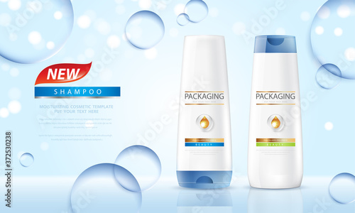 Packaging products hair care design Bottles of shampoo. Cosmetic for design on blue background.
