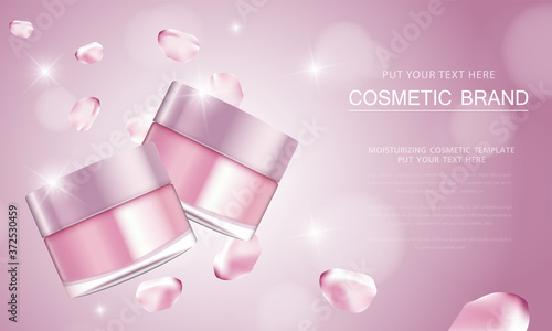 cosmetic product poster, bottle package design with moisturizer cream or liquid, sparkling background with glitter polka.