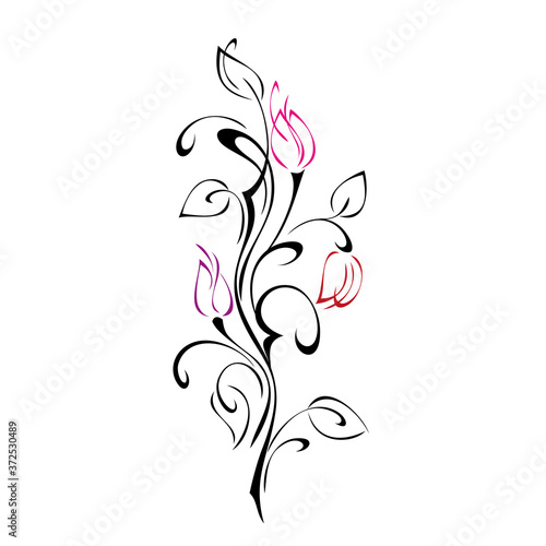 ornament 1270. stylized flower with three buds on a stem with leaves and curls in colored lines on a white background