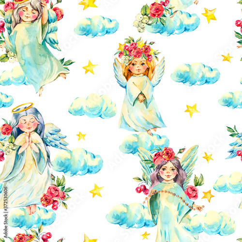 Watercolor angel seamless pattern with red flowers, roses, stars, clouds