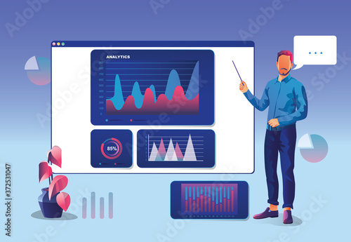Marketing Concept Businessman is standing by window screen with analytical data. Statistical data with charts and diagrams. Financial digital schedule. Vector illustration flat design. Marketing audit