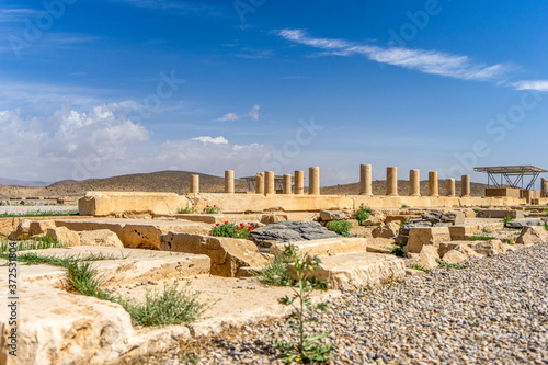 Archaeology, pillar, large reception hall of Cyrus II, ancient Persian city Pasargadae, near Persepolis, Fars Province, Iran, Asia