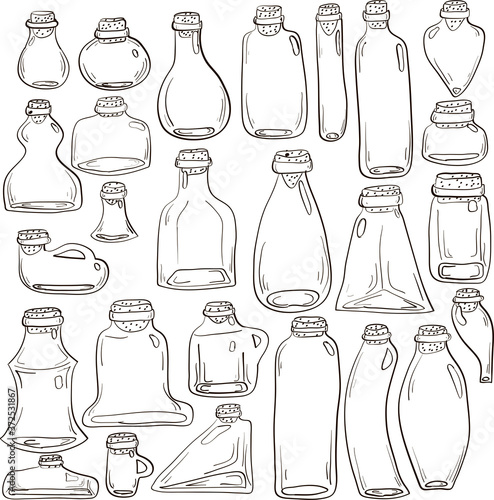 vector set of bottles and banks, ink drawing illustration