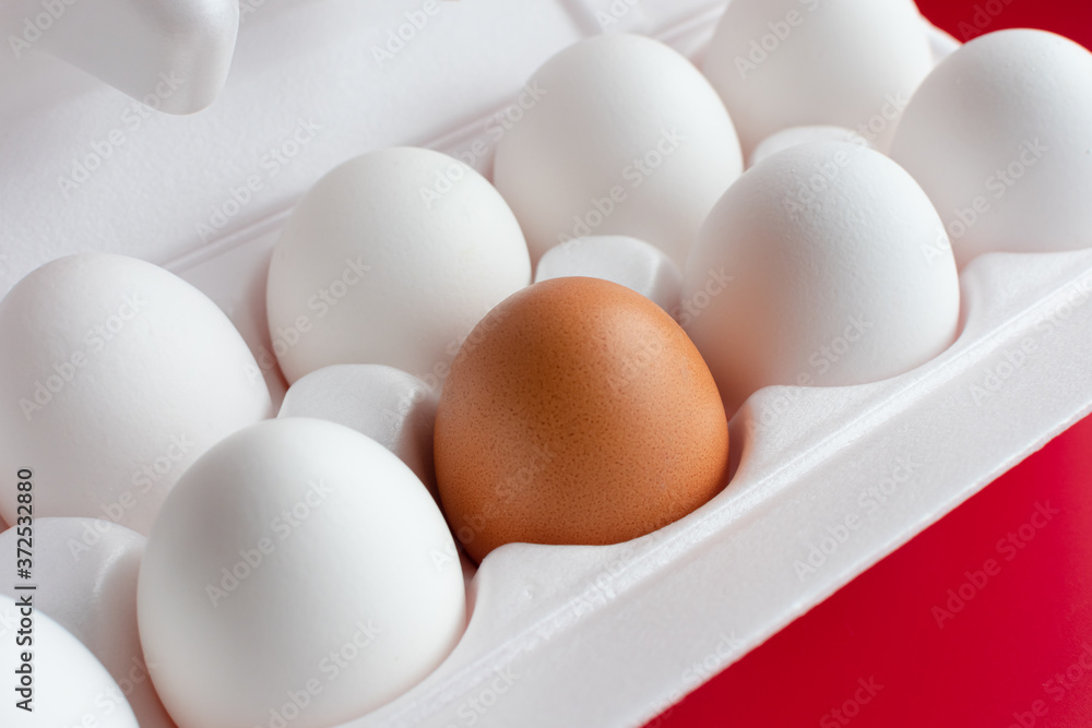 A bag of white eggs, one of which is brown. Eggs in a box of different colors. Concept: the other is not like all the others. Struggle of opposites. A bag of white eggs, one of which is brown. Eggs in a box of different colors. Concept: the other is not like all the others. Struggle of opposites.