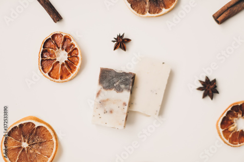Flat lay composition with natural handmade soap and ingredients. Concept of Spa, Salon or home body and skin care.  