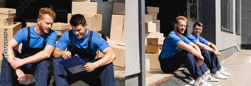 Collage of movers in overalls looking at clipboard near warehouse on urban street