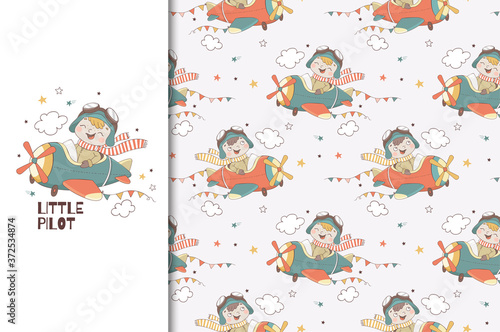 Cute little boy pilot character. Kids card print template and seamless background pattern. Hand drawn surface design vector illustration.