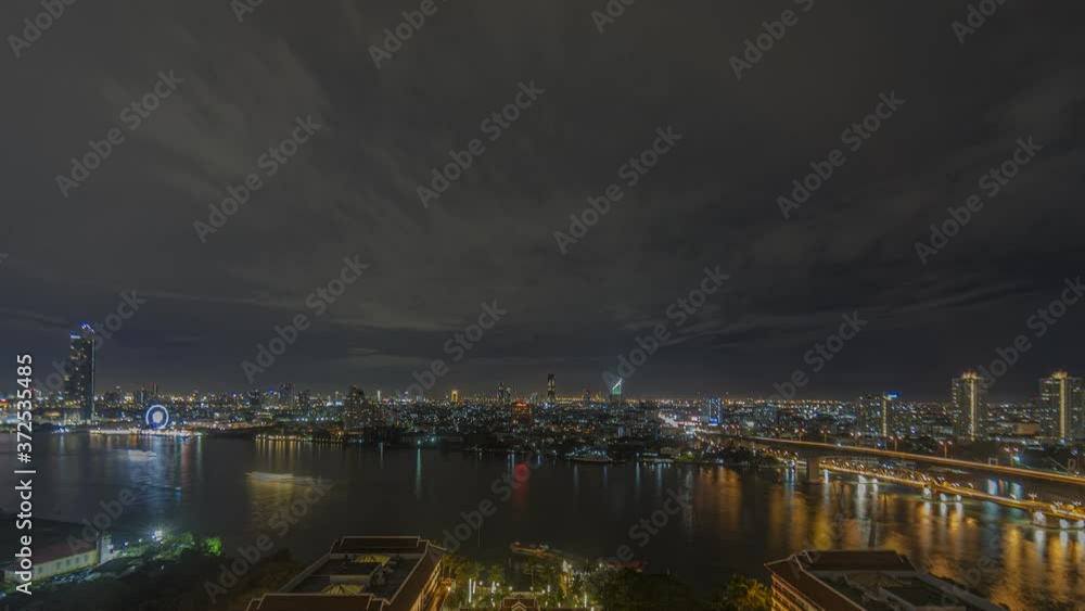 Timelapse movie over Chao Phraya river in Bangkok during sunset with cloudy skies