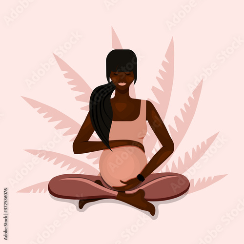 African American pregnant girl sits and gently hugs her stomach. Vector illustration in flat style.