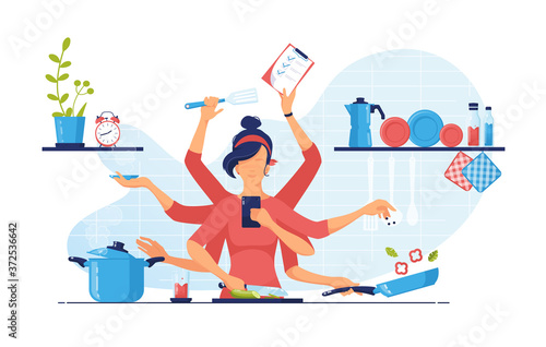 A modern woman with eight arms performs many tasks simultaneously in the kitchen. chef cooking. Multitasking and time management concept. Vector flat illustration.