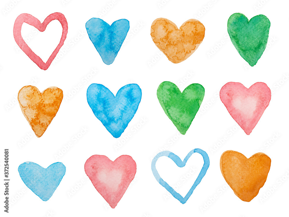 Hand drawn watercolor heart set isolated on white background.