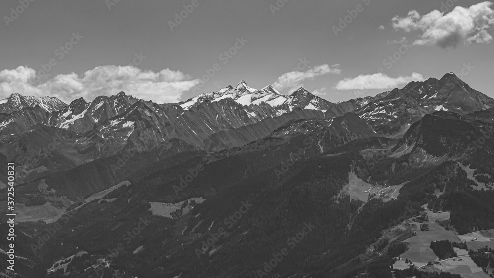 Beautiful alpine black and white view at the famous Zillertaler Hoehenstrasse, Tyrol, Austria