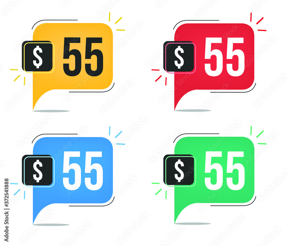 $55 dollar price. Yellow, red, blue and green currency tags. Balloon concept with fifty-five dollars sales tag. $55 dollar price. Yellow, red, blue and green currency tags. Balloon concept with fifty-five dollars sales tag.