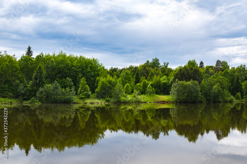 View of a forest lake, which reflects a beautiful green forest