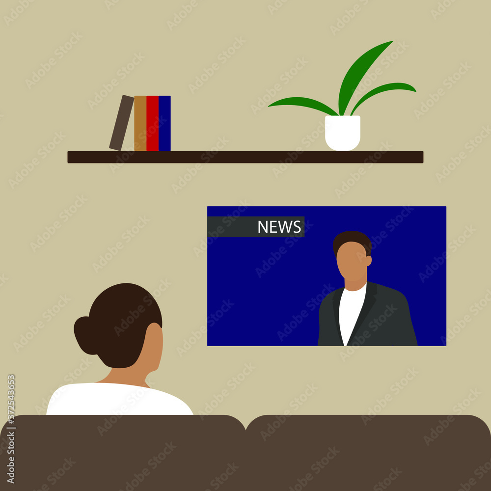 Female character sitting on the couch and watching the news on TV