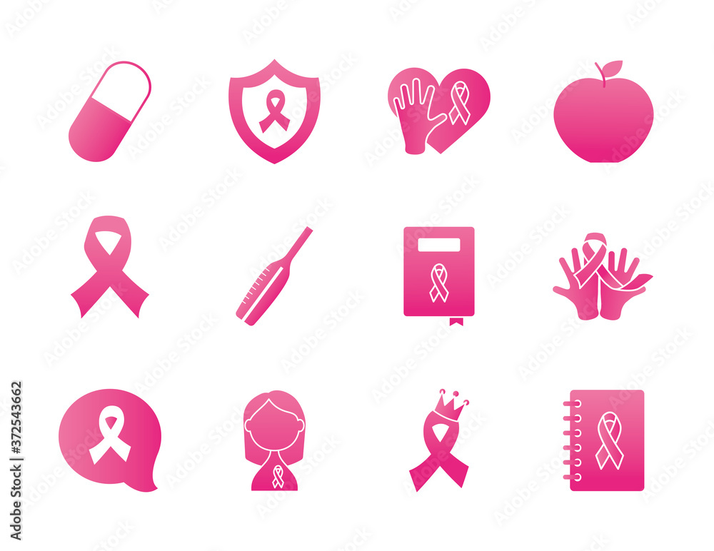 cancer ribbon and breast cancer icon set, gradient style cancer ribbon and breast cancer icon set, gradient style
