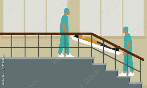 Two orderlies hold stretcher with female character on stairs