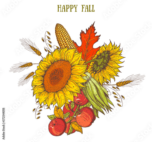 Sunflower, corn, apples and fall leaves bouquet. Thanksgiving design template. Hello autumn illustration. Harvest festival. Hand drawn frame with fall leaves, pumpkin. Vector illustration