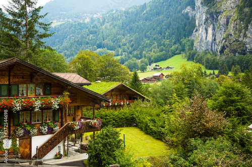 Lauterbrunnen  Switzerland   Swiss chalets in the Laturbrennen valley.