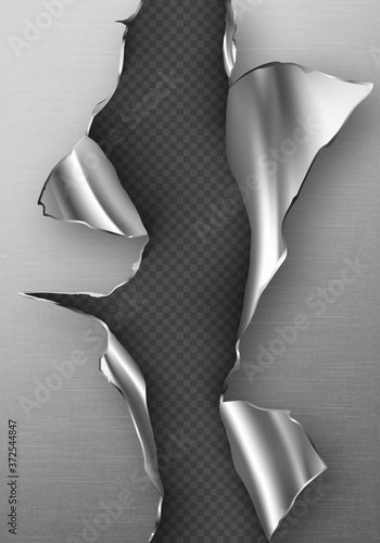 Metal rip hole with curly edges, ragged vertical crack, cut damage on steel sheet. Torn slash, gun aperture design element isolated on transparent background Realistic 3d vector illustration, clip art
