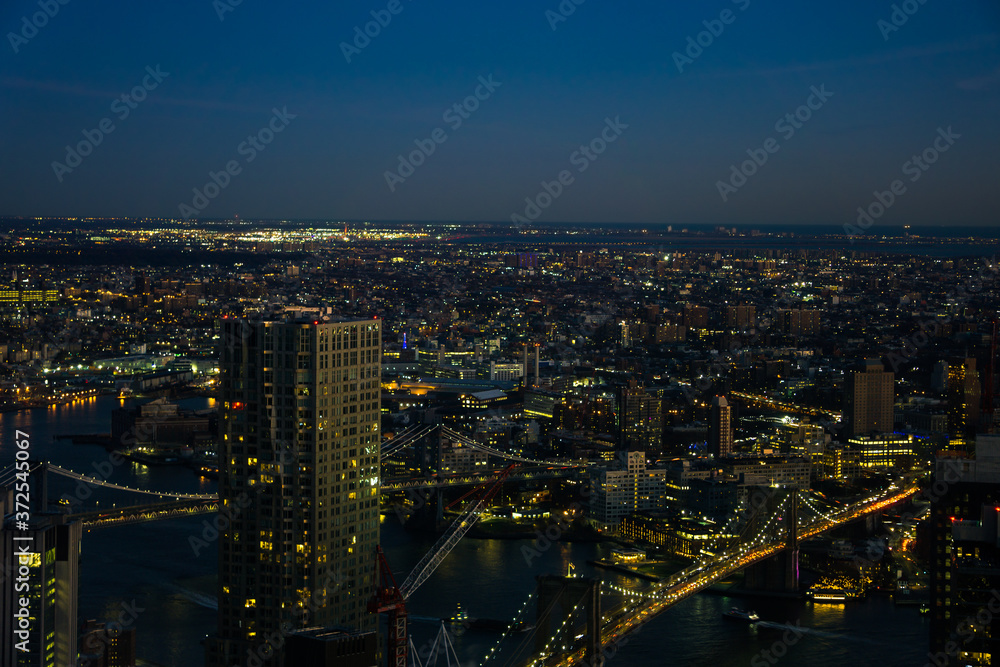 Skyline view of skyscrapers at night of downtown Manhattan, Brooklyn and connecting bridges