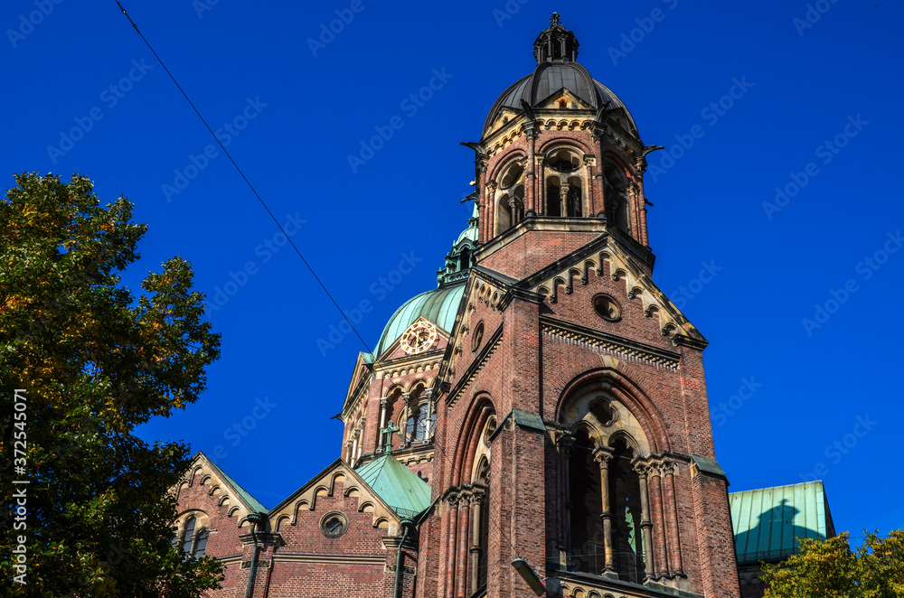 St Luke Church located on the Isar river banks, and it is the largest Protestant church in Munich, Germany