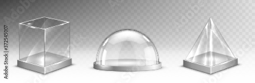 Realistic glass cube, pyramid, sphere or dome, christmas snow globe souvenirs isolated on transparent background, crystal containers on metal base. Festive xmas gifts mock up. Realistic 3d vector set
