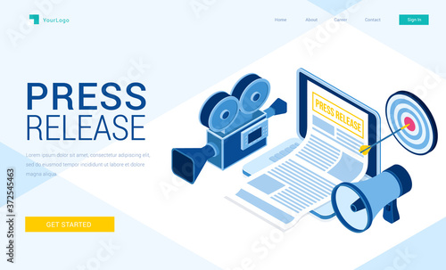 Press release banner. Concept of online news, digital media service. Vector landing page of internet information and alert with isometric illustration of newspaper, laptop, loudspeaker and camcorder