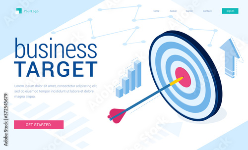 Business target banner. Concept of work strategy, company goal and focus. Vector landing page of business plan and success achievement with isometric illustration of arrow in center of dartboard