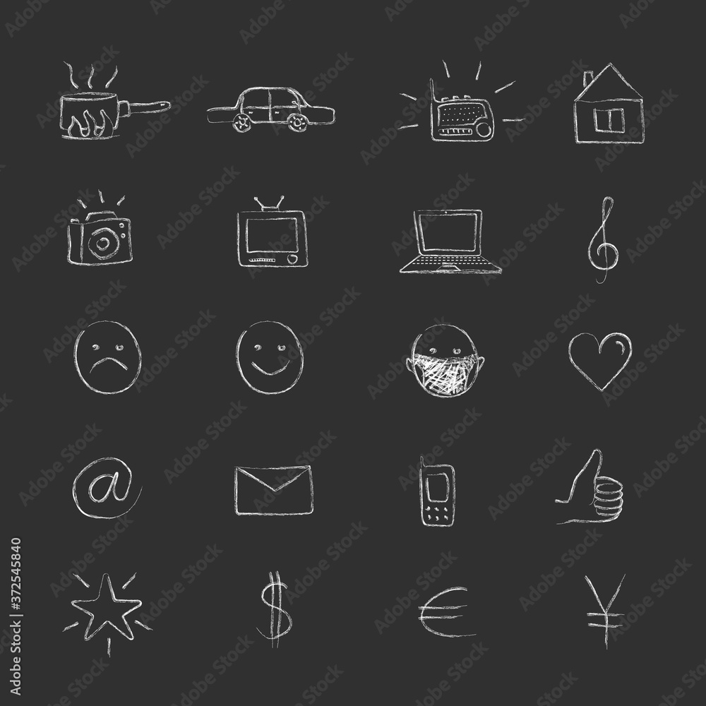 Hand-drawn organic icons. Chalk drawings. Set of 20 illustrations. Unusual naive linear images for a website, messenger, social networks or printed materials Hand-drawn organic icons. Chalk drawings. Set of 20 illustrations. Unusual naive linear images for a website, messenger, social networks or printed materials