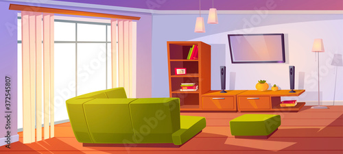 Living room with corner sofa, big window, bookshelves and tv on wall. Vector cartoon interior of empty lounge with pouf, rear view of couch, television and books on shelves