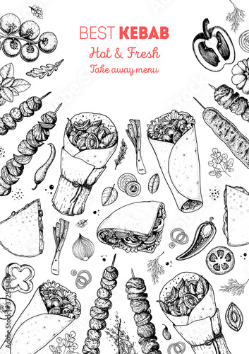 Doner kebab and ingredients for kebab, sketch illustration. Arabic cuisine frame. Fast food menu design elements. Shawarma hand drawn frame. Middle eastern food.