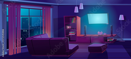 Living room interior with tv and sofa back view at night. Dark apartment with corner couch front of working television on wall, empty home design with furniture and decor, Cartoon vector illustration