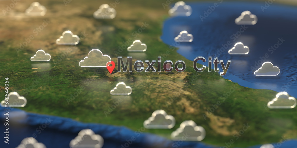Cloudy weather icons near Mexico city on the map, weather forecast related 3D rendering Cloudy weather icons near Mexico city on the map, weather forecast related 3D rendering