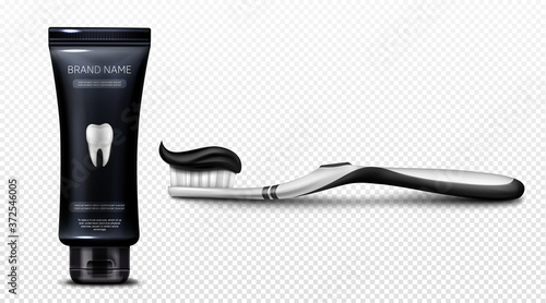 Black toothpaste in tube and on brush isolated on transparent background. Vector realistic mockup of paste for dental clean and oral hygiene in black plastic package and toothbrush