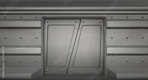 Futuristic metal sliding doors in spaceship, submarine or laboratory. Vector realistic interior of empty hallway in space ship with old scratched closed gate. Steel doors in spacecraft