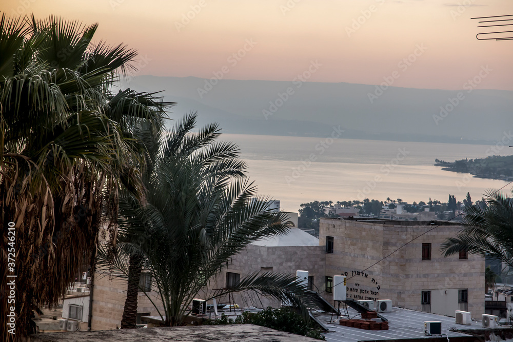 View of the city of Tiberias on the Sea of Galilee, part on the hill, Israel