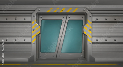 Metal door with glass windows, sliding gates in spaceship interior. Closed shuttle, futuristic bunker or secret laboratory entrance with yellow markup, ski-fi gateway, Realistic 3d vector illustration