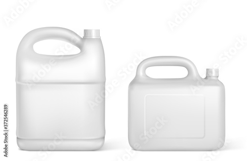 Plastic canisters, white jerrycan bottles of different shapes and volumes. Isolated detergent, engine oil, car lubricant or gasoline additive blank container design elements realistic 3d vector mockup