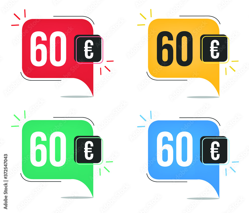 €60 euro price. Yellow, red, blue and green currency tags. Balloon concept with sixty euros sales tag. €60 euro price. Yellow, red, blue and green currency tags. Balloon concept with sixty euros sales tag.