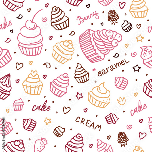 Hand drawn cupcake doodle background seamless pattern with desserts, berries. Vector illustration