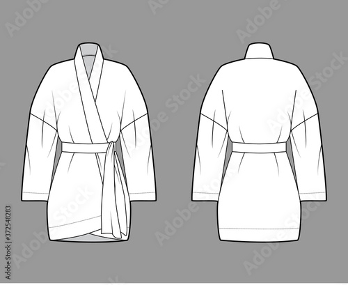 Kimono technical fashion illustration with relaxed fit, long wide sleeves, belt to cinch the waist, above-the-knee length. Flat apparel blouse template front, back white color. Women men unisex shirt