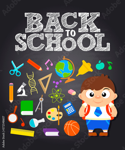 Back to school poster, banner with funny boy in school uniform. Vector illustration