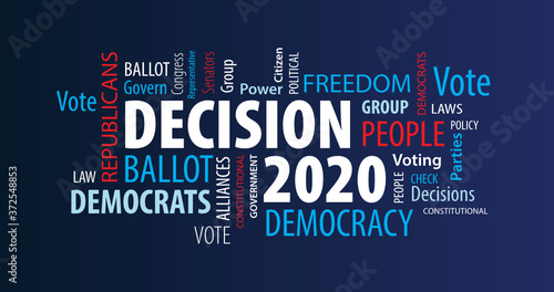 Decision 2020 Word Cloud on a Blue Background