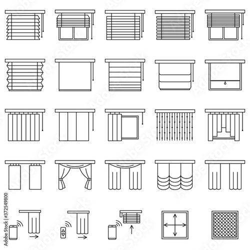 Window curtains, blinds and jalouise line icons set. Collection of different types of roller shutters, window sunblinds, mosquito net and remote control in outline style