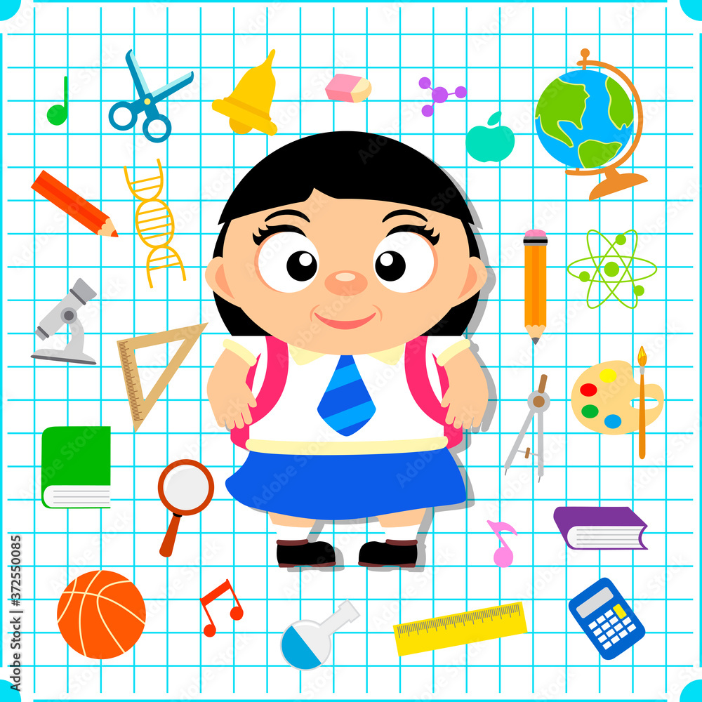 Back to school banner with girl, squared paper page background poster. Vector illustration Back to school banner with girl, squared paper page background poster. Vector illustration