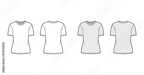 Cotton-jersey t-shirt technical fashion illustration with crew neck, short sleeves, tunic length. Flat outwear basic blouse apparel template front back white grey color. Women men unisex shirt top CAD