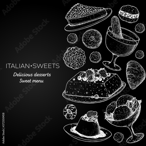 Italian dessert vector illustration. Italian food hand drawn sketch. Baking collection. Vintage design template. Torta della nonna, zabaglione, semifreddo, gelato, panna cotta, pizzelle illustration