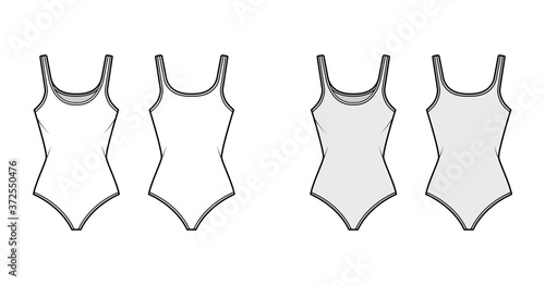 Cotton-jersey tank bodysuit technical fashion illustration with fitted body, sleeveless. Flat outwear cami apparel template front, back, white, grey color. Women men unisex top CAD mockup. 