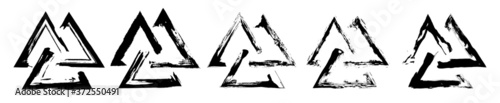 The valknut is a symbol consisting of three interlocked triangles. Set of Viking Age symbols. Black ink handwriting. Vector illustration symbols in grunge style